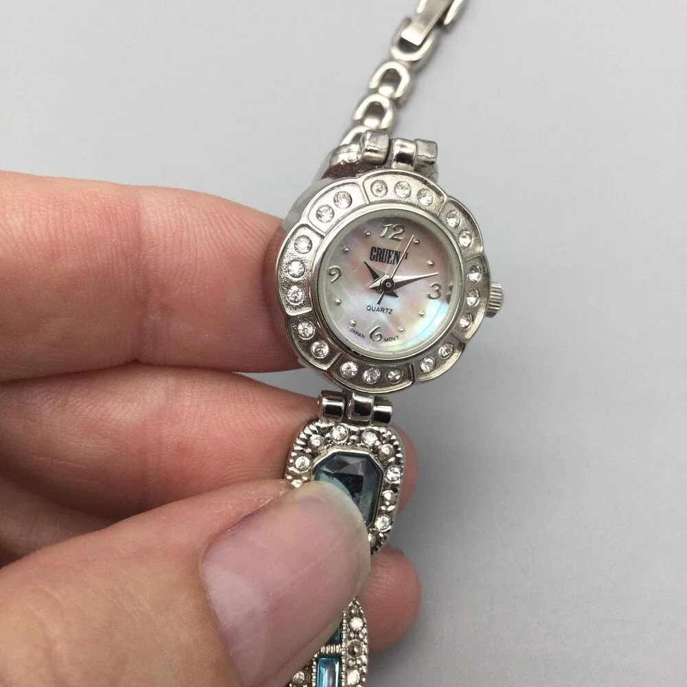 Gruen Womens Watch 21mm Mother Of Pearl Dial Blue Crystal New Battery 8
